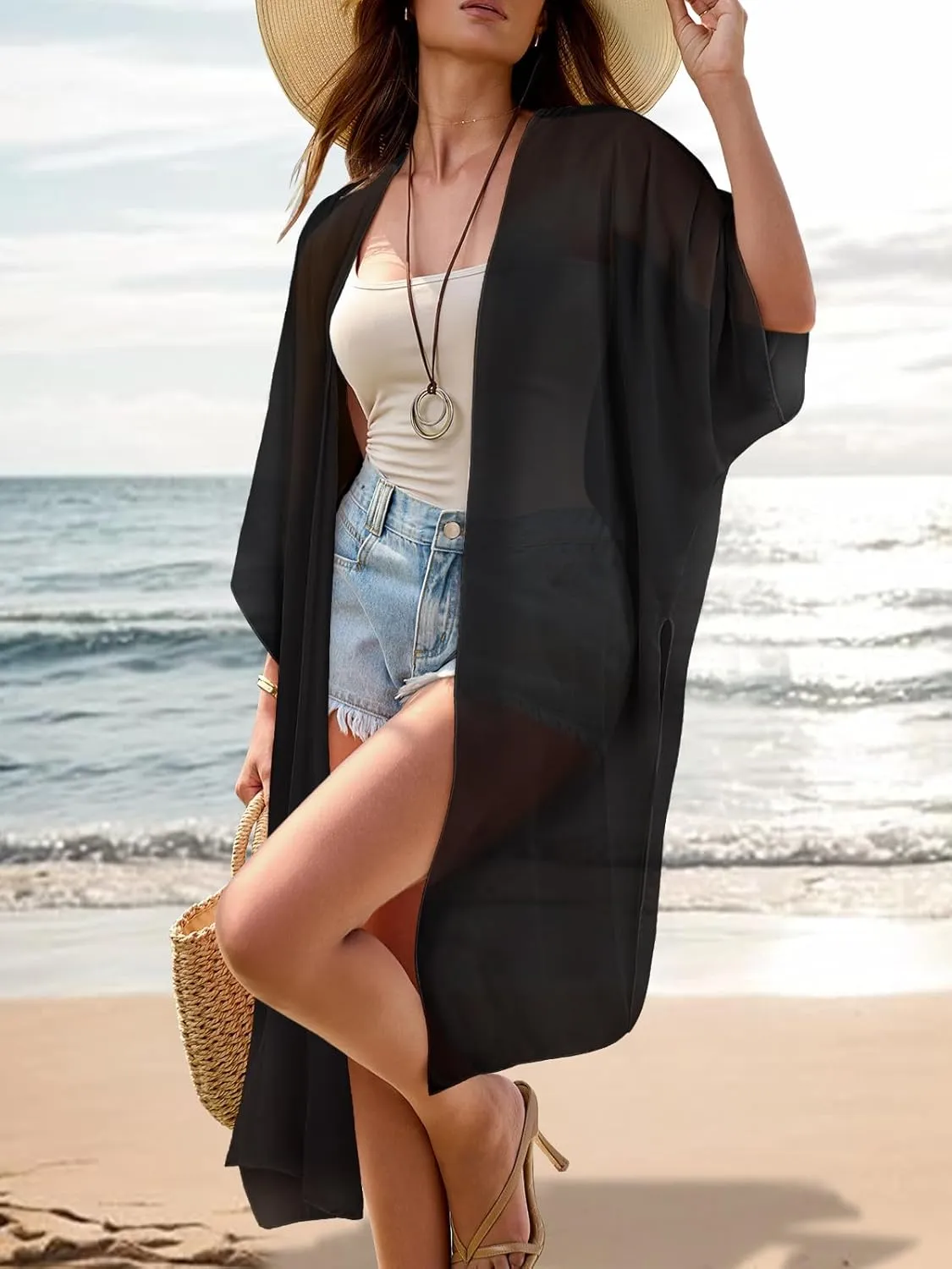 MayBuy Women's Summer Long Flowy Kimono Cardigans Boho Chiffon Beach Cover Up Tops