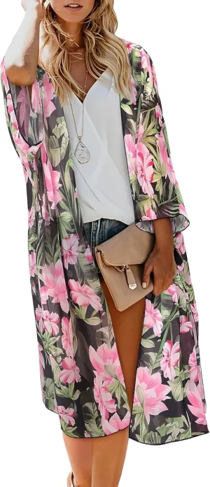 MayBuy Women's Summer Long Flowy Kimono Cardigans Boho Chiffon Beach Cover Up Tops
