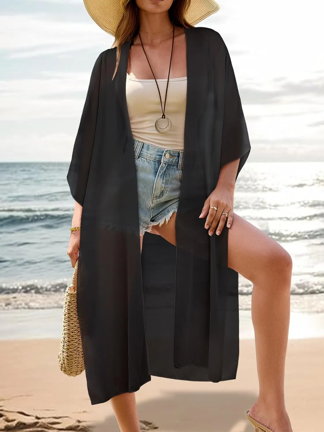 MayBuy Women's Summer Long Flowy Kimono Cardigans Boho Chiffon Beach Cover Up Tops