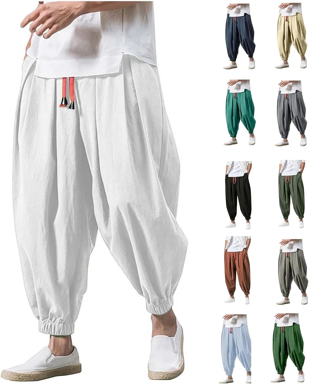 Mens Baggy Linen Pants Parachute Pants Drop Crotch Harem Pants Drawstring Joggers Trousers Pirate Pants Hippie Pants