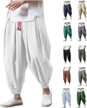 Mens Baggy Linen Pants Parachute Pants Drop Crotch Harem Pants Drawstring Joggers Trousers Pirate Pants Hippie Pants