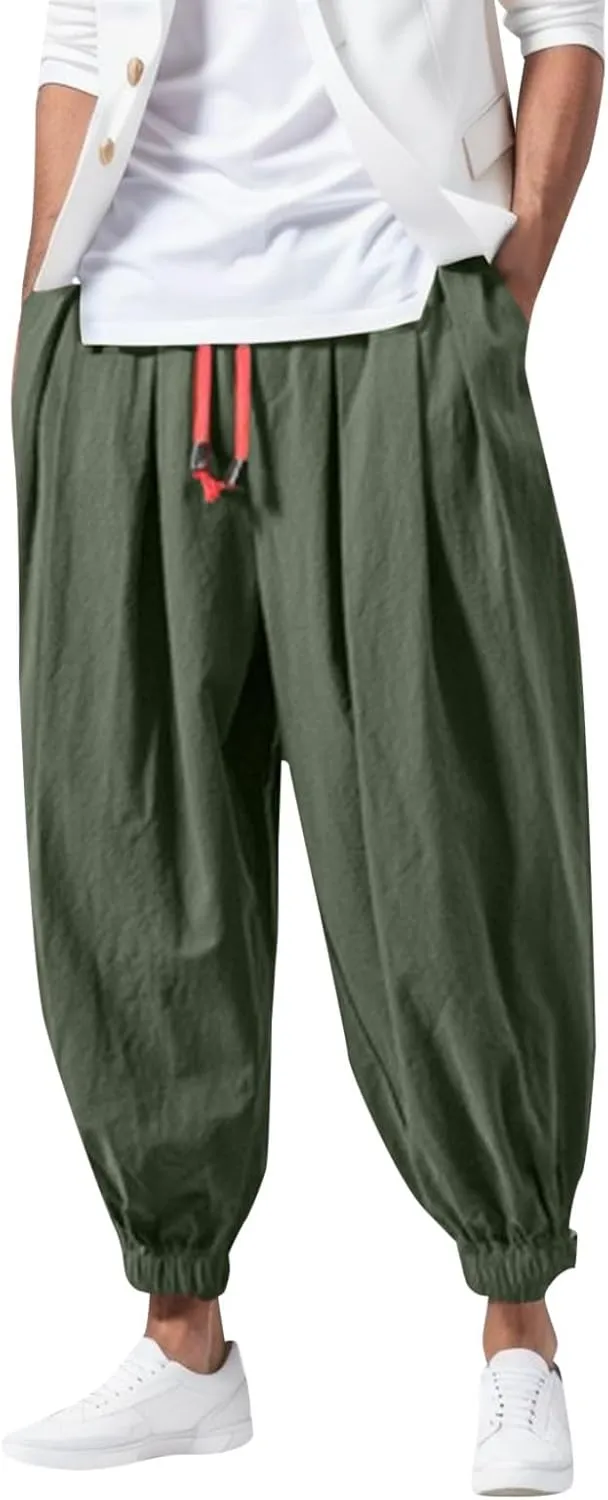 Mens Baggy Linen Pants Parachute Pants Drop Crotch Harem Pants Drawstring Joggers Trousers Pirate Pants Hippie Pants