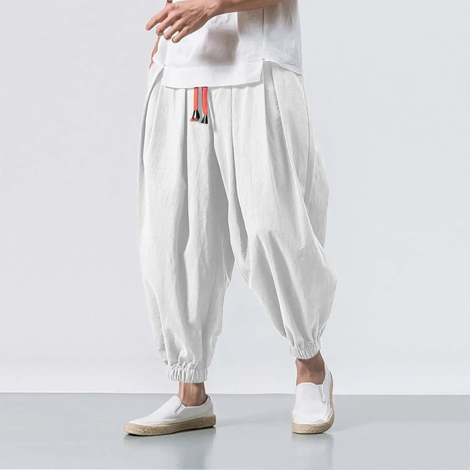 Mens Baggy Linen Pants Parachute Pants Drop Crotch Harem Pants Drawstring Joggers Trousers Pirate Pants Hippie Pants