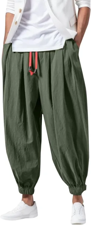 Mens Baggy Linen Pants Parachute Pants Drop Crotch Harem Pants Drawstring Joggers Trousers Pirate Pants Hippie Pants