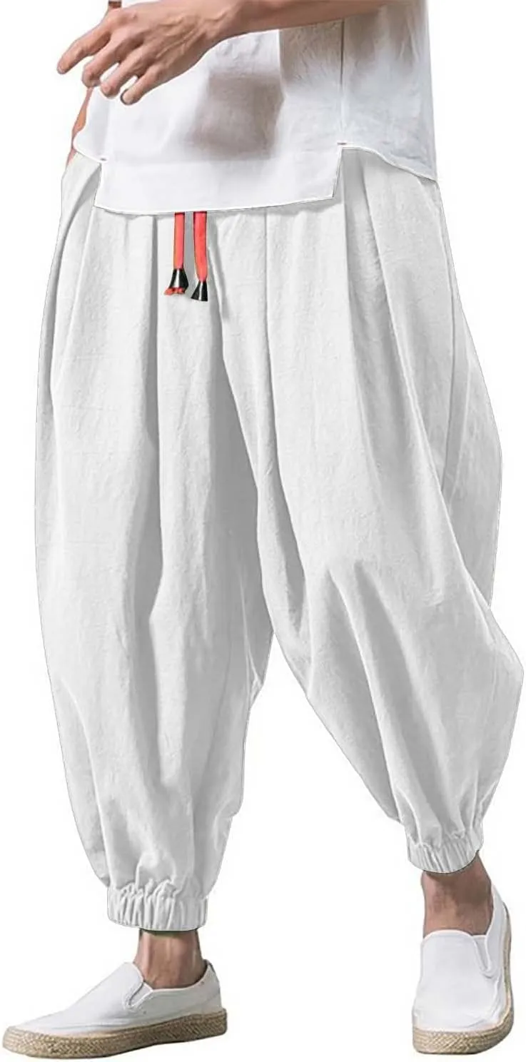 Mens Baggy Linen Pants Parachute Pants Drop Crotch Harem Pants Drawstring Joggers Trousers Pirate Pants Hippie Pants