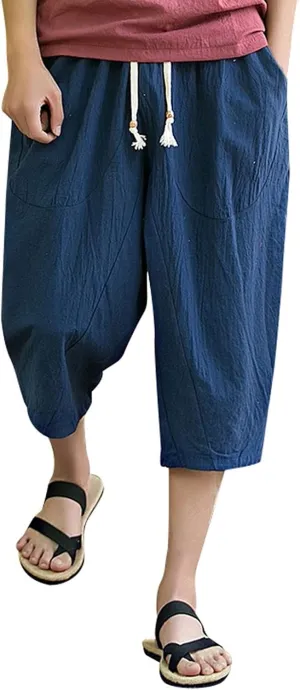 Mens Capri Pants Relaxed-Fit Loose Pants Elastic Drawstring Waist Pants Summer Fashion Casual Cropped Pants Harem Pants