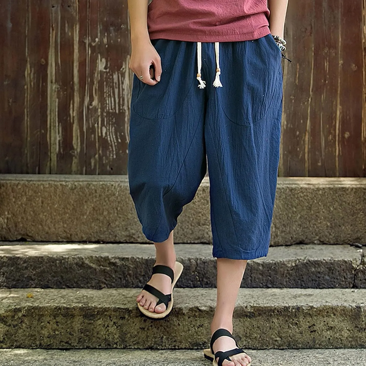 Mens Capri Pants Relaxed-Fit Loose Pants Elastic Drawstring Waist Pants Summer Fashion Casual Cropped Pants Harem Pants