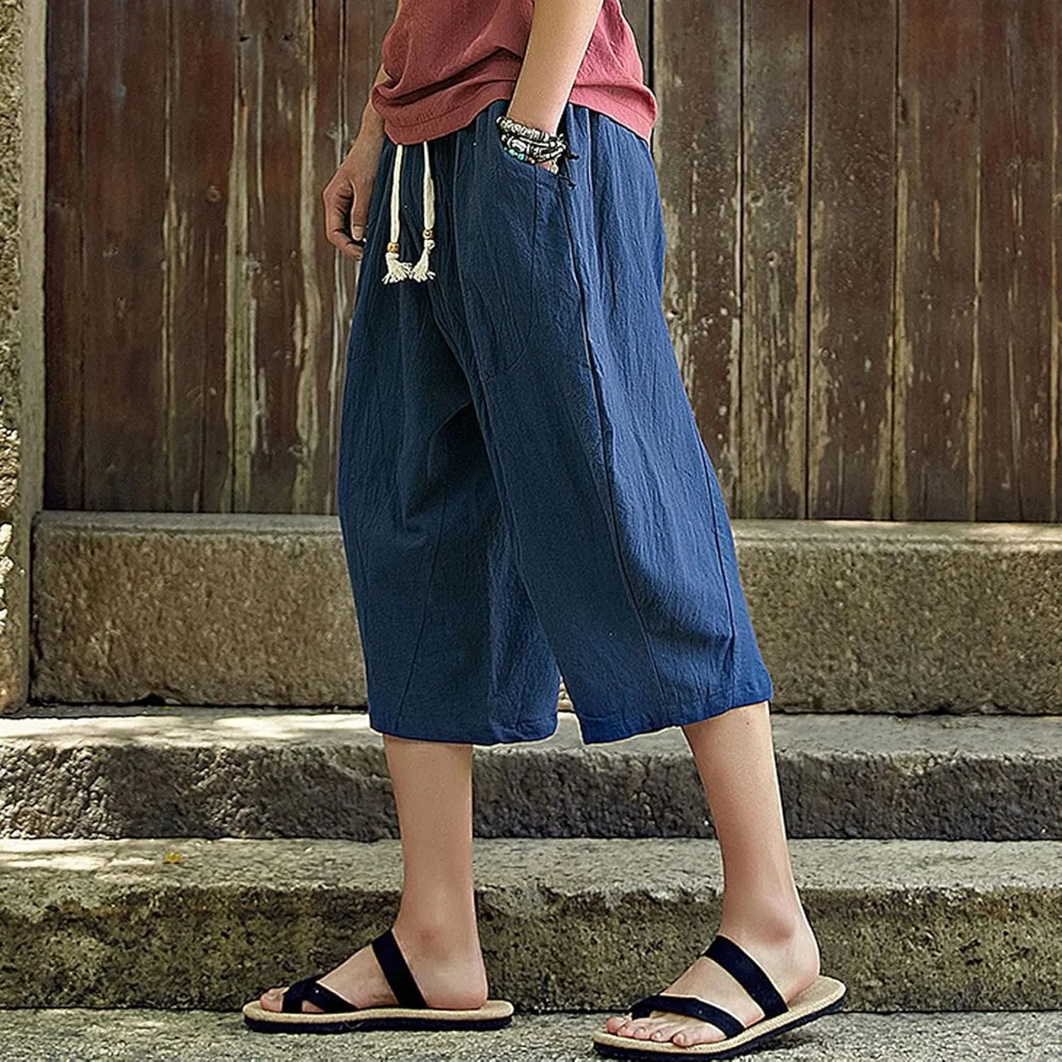 Mens Capri Pants Relaxed-Fit Loose Pants Elastic Drawstring Waist Pants Summer Fashion Casual Cropped Pants Harem Pants