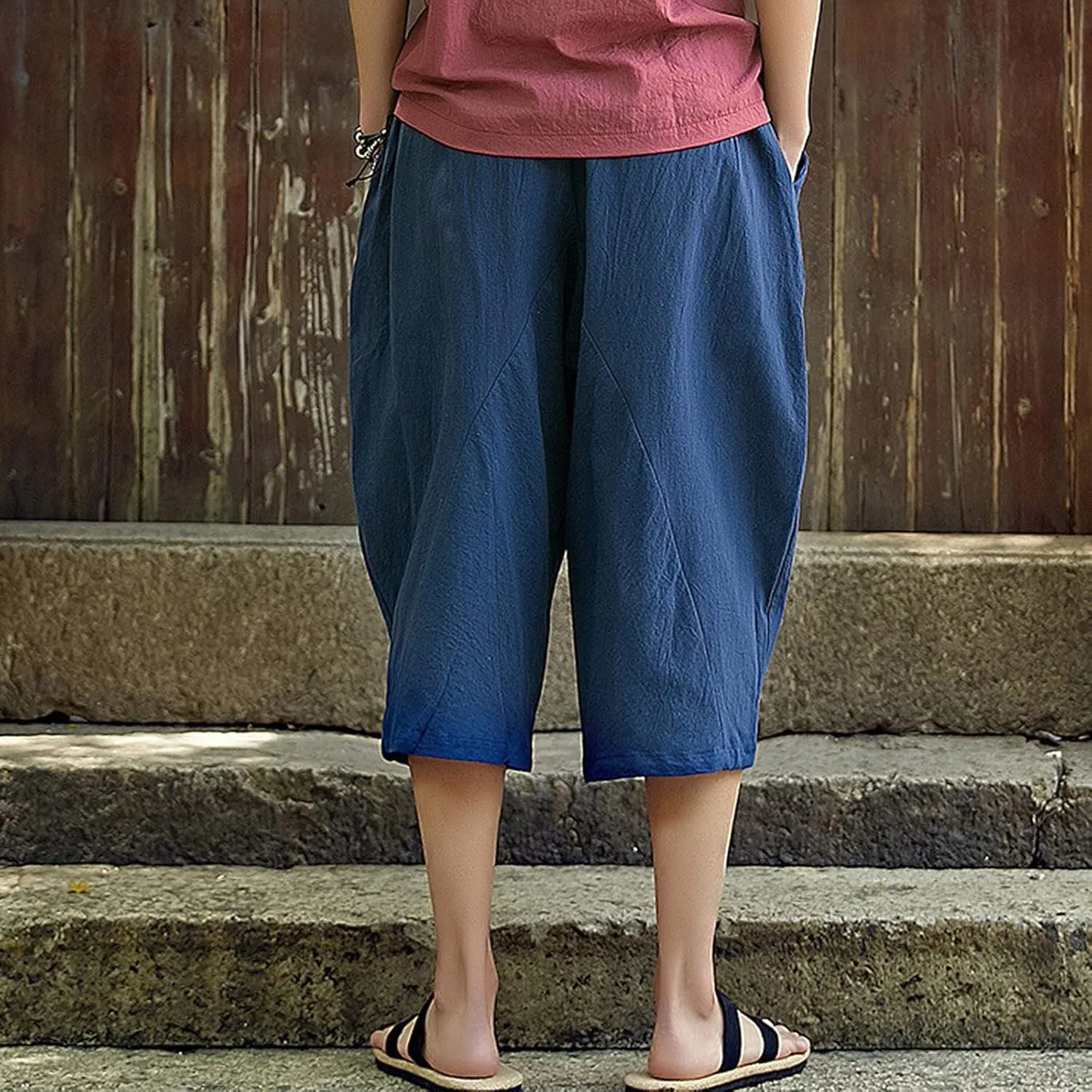 Mens Capri Pants Relaxed-Fit Loose Pants Elastic Drawstring Waist Pants Summer Fashion Casual Cropped Pants Harem Pants