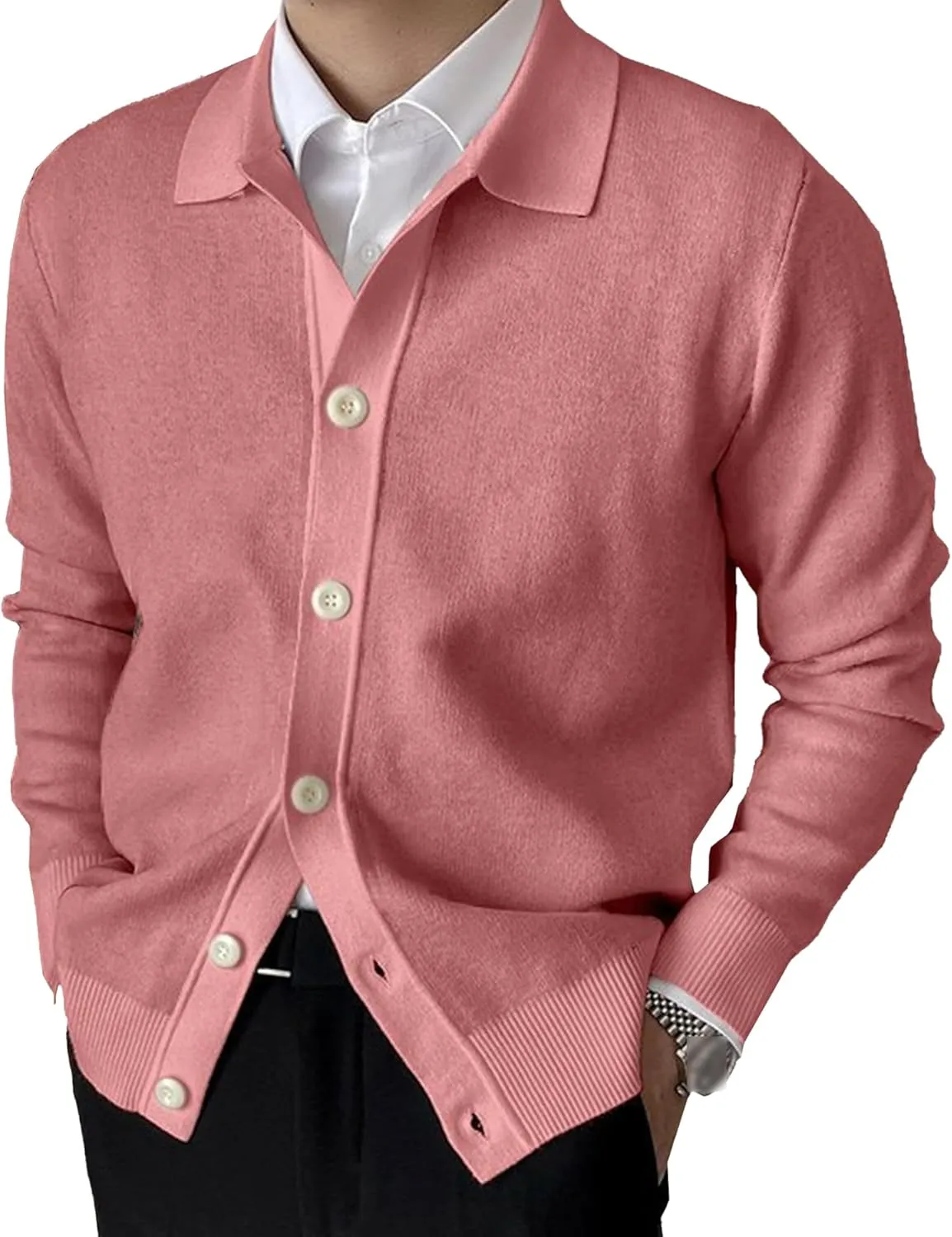 Men's Lapel Cardigan Sweater Knit Polo Long Sleeve Button Cardigans Slim Fit Casual Ribbed Knitted Jacket