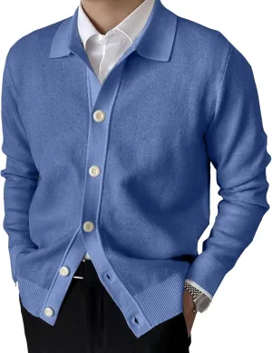 Men's Lapel Cardigan Sweater Knit Polo Long Sleeve Button Cardigans Slim Fit Casual Ribbed Knitted Jacket