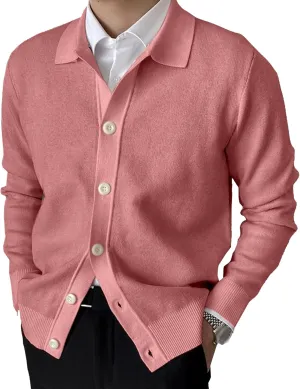 Men's Lapel Cardigan Sweater Knit Polo Long Sleeve Button Cardigans Slim Fit Casual Ribbed Knitted Jacket