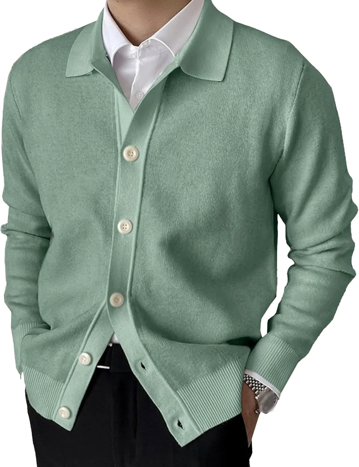 Men's Lapel Cardigan Sweater Knit Polo Long Sleeve Button Cardigans Slim Fit Casual Ribbed Knitted Jacket