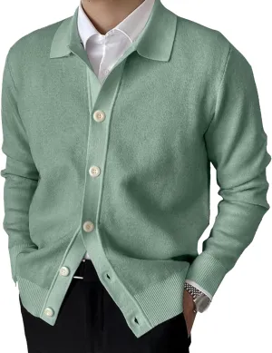 Men's Lapel Cardigan Sweater Knit Polo Long Sleeve Button Cardigans Slim Fit Casual Ribbed Knitted Jacket