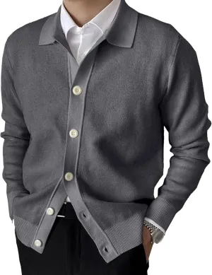 Men's Lapel Cardigan Sweater Knit Polo Long Sleeve Button Cardigans Slim Fit Casual Ribbed Knitted Jacket