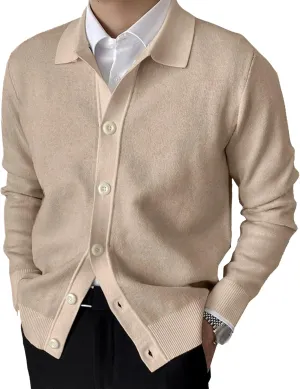 Men's Lapel Cardigan Sweater Knit Polo Long Sleeve Button Cardigans Slim Fit Casual Ribbed Knitted Jacket