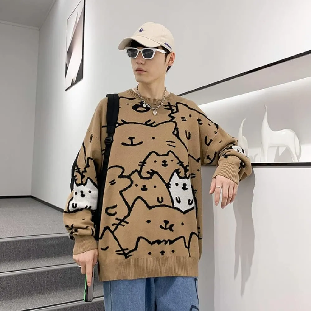 Men's Oversized Cat Sweaters Crewneck Long Sleeve Cotton Cute Pullover Sweaters