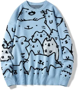 Men's Oversized Cat Sweaters Crewneck Long Sleeve Cotton Cute Pullover Sweaters