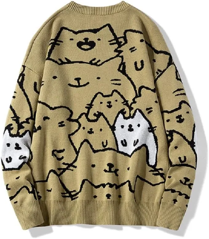 Men's Oversized Cat Sweaters Crewneck Long Sleeve Cotton Cute Pullover Sweaters