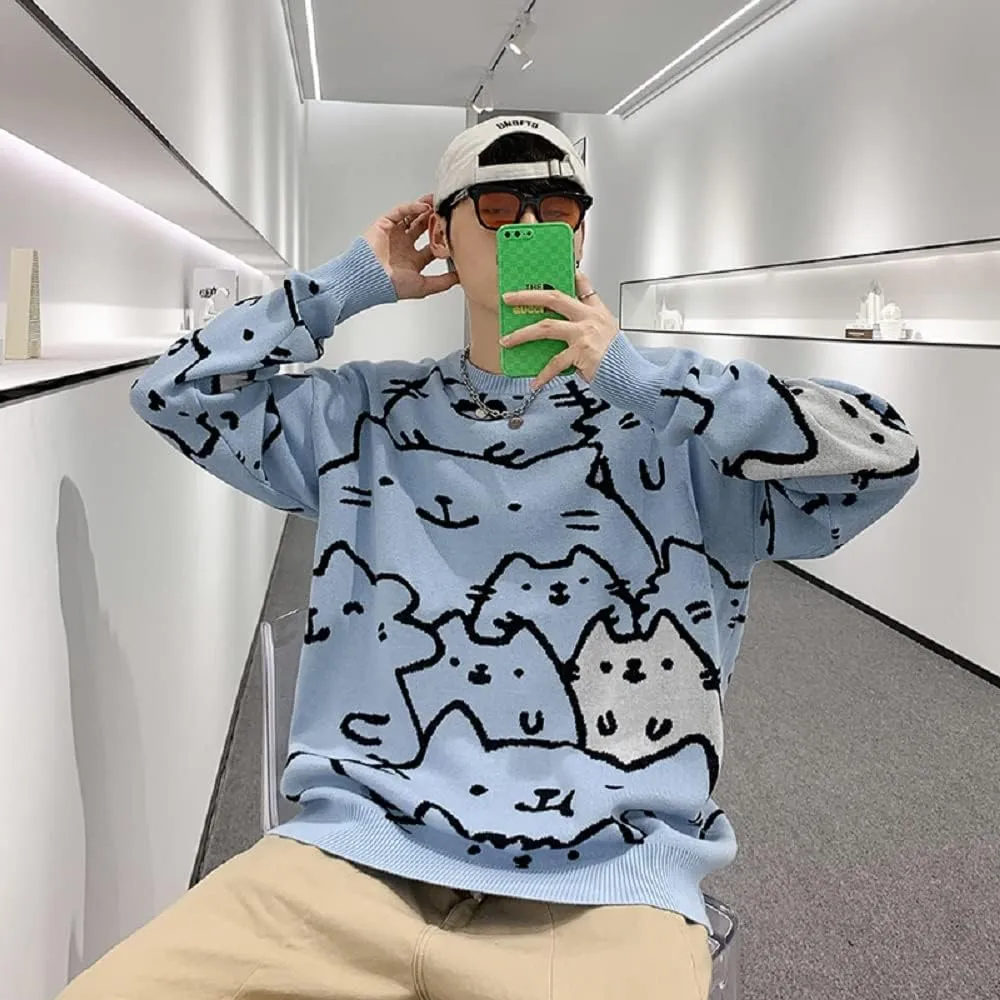 Men's Oversized Cat Sweaters Crewneck Long Sleeve Cotton Cute Pullover Sweaters