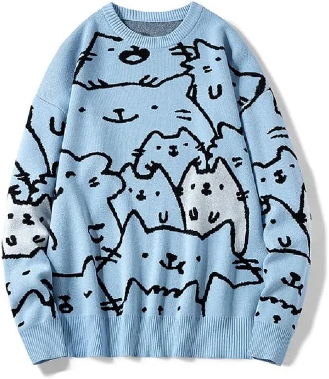 Men's Oversized Cat Sweaters Crewneck Long Sleeve Cotton Cute Pullover Sweaters