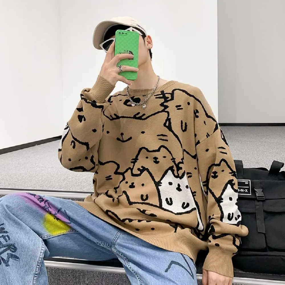 Men's Oversized Cat Sweaters Crewneck Long Sleeve Cotton Cute Pullover Sweaters