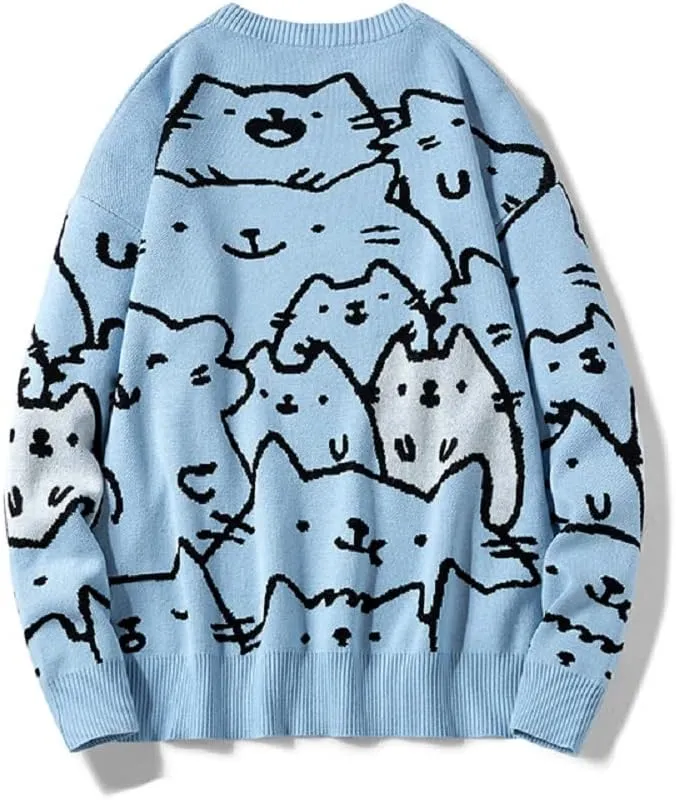 Men's Oversized Cat Sweaters Crewneck Long Sleeve Cotton Cute Pullover Sweaters