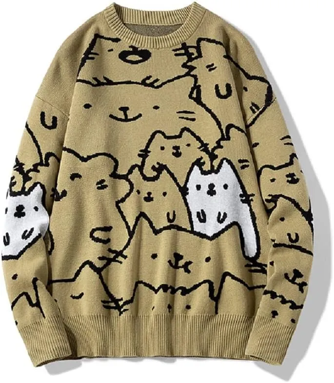 Men's Oversized Cat Sweaters Crewneck Long Sleeve Cotton Cute Pullover Sweaters