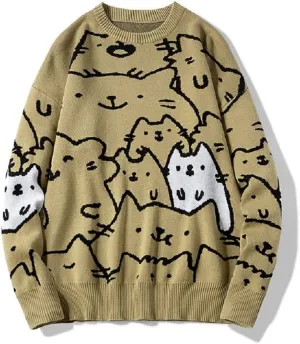 Men's Oversized Cat Sweaters Crewneck Long Sleeve Cotton Cute Pullover Sweaters