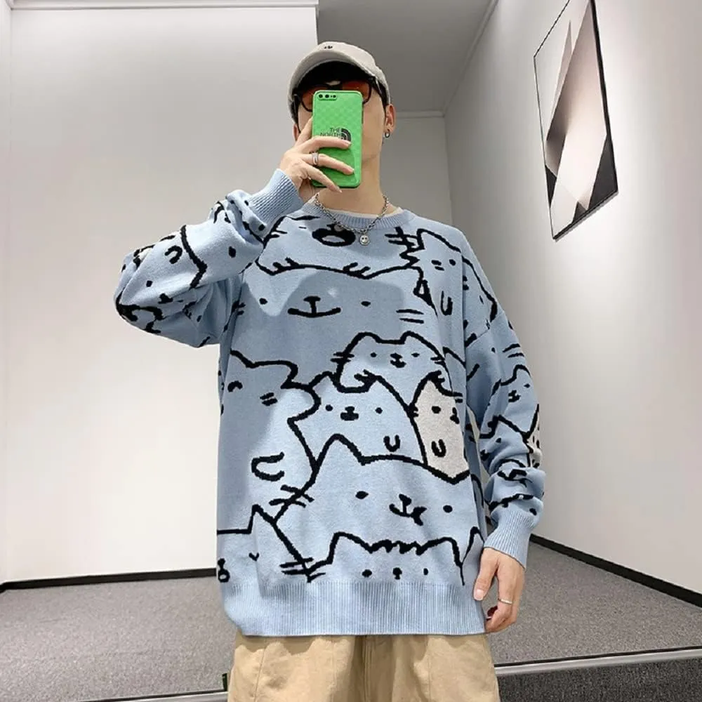 Men's Oversized Cat Sweaters Crewneck Long Sleeve Cotton Cute Pullover Sweaters