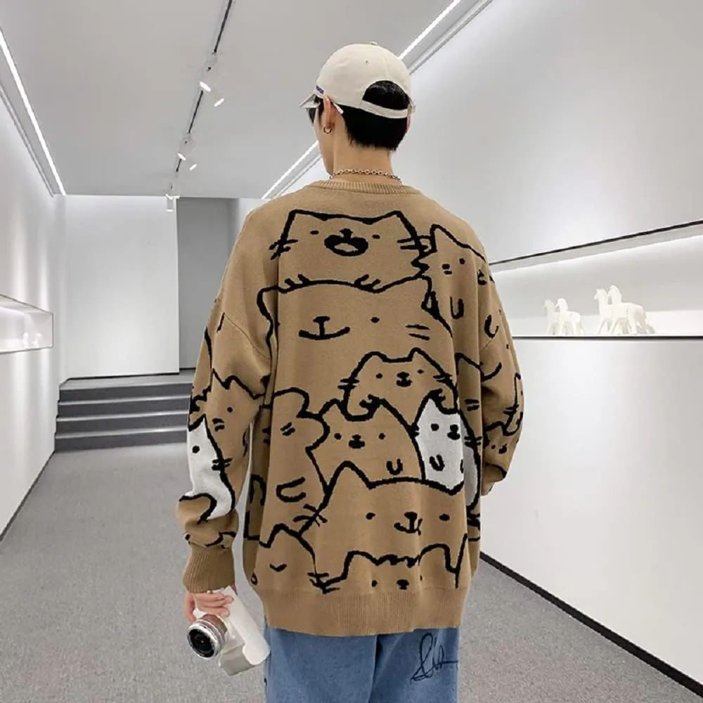 Men's Oversized Cat Sweaters Crewneck Long Sleeve Cotton Cute Pullover Sweaters
