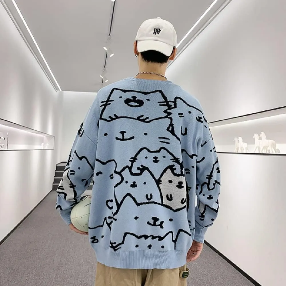 Men's Oversized Cat Sweaters Crewneck Long Sleeve Cotton Cute Pullover Sweaters