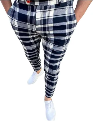 Men's Striped Dress Pants Slim Fit Stretch Checks Pattern Chino Business Trousers Plaid Slant Pocket Tapered Pants S-3XL