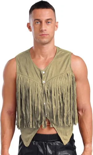 Men's Suede Leather Fringe Vest Vintage Cowboy Style Sleeveless Jacket Slim Fit Waistcoats