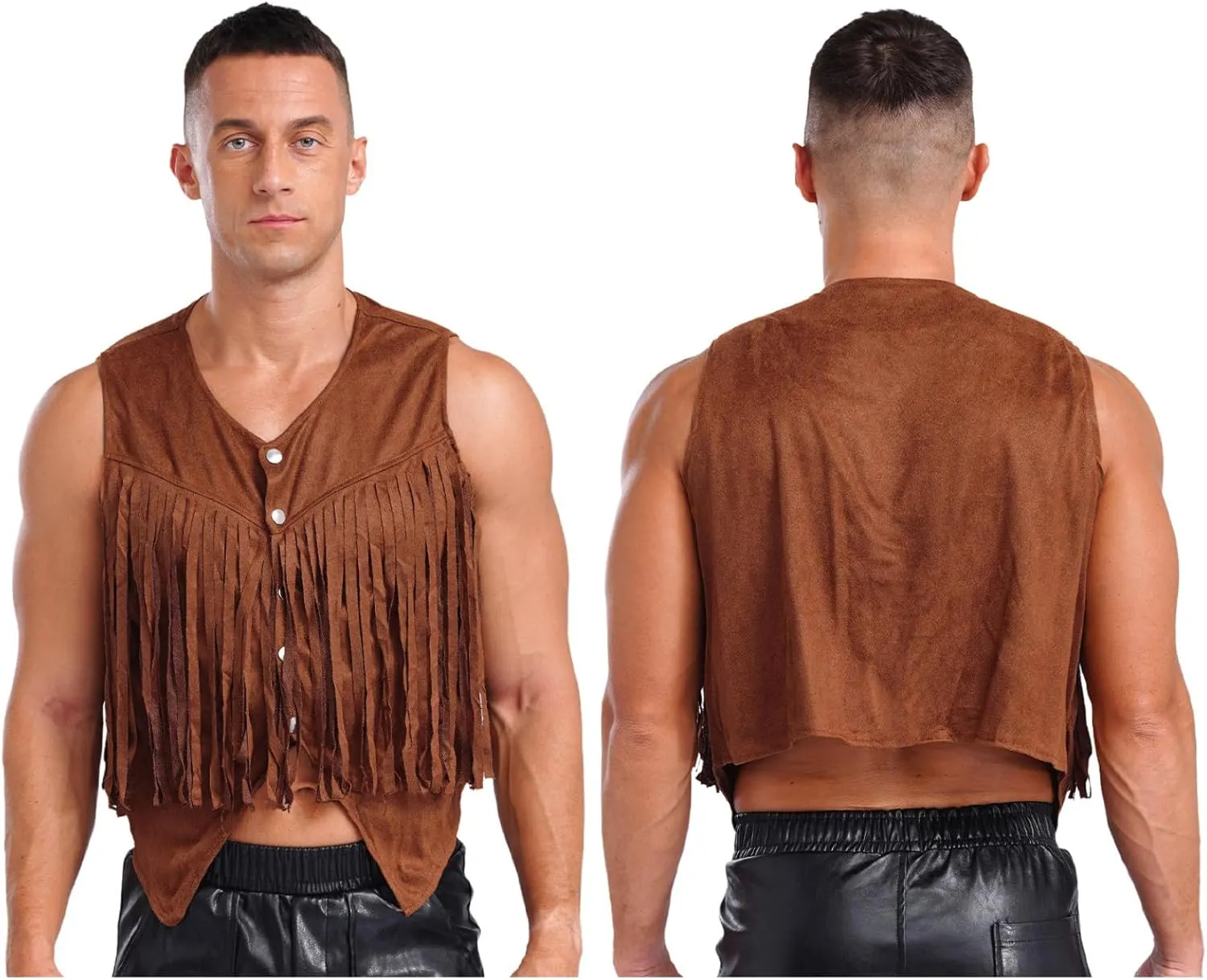 Men's Suede Leather Fringe Vest Vintage Cowboy Style Sleeveless Jacket Slim Fit Waistcoats