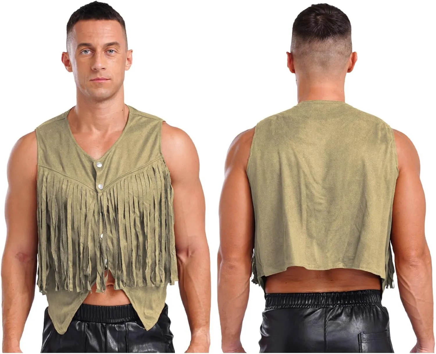 Men's Suede Leather Fringe Vest Vintage Cowboy Style Sleeveless Jacket Slim Fit Waistcoats