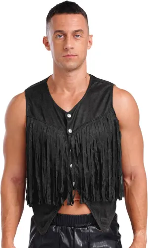 Men's Suede Leather Fringe Vest Vintage Cowboy Style Sleeveless Jacket Slim Fit Waistcoats