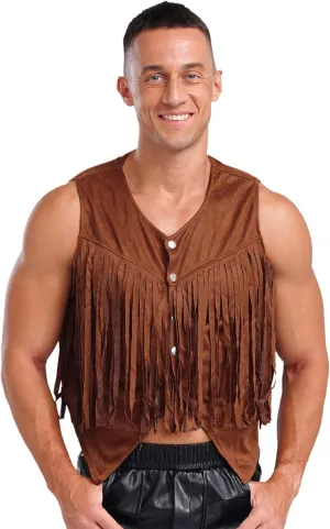 Men's Suede Leather Fringe Vest Vintage Cowboy Style Sleeveless Jacket Slim Fit Waistcoats