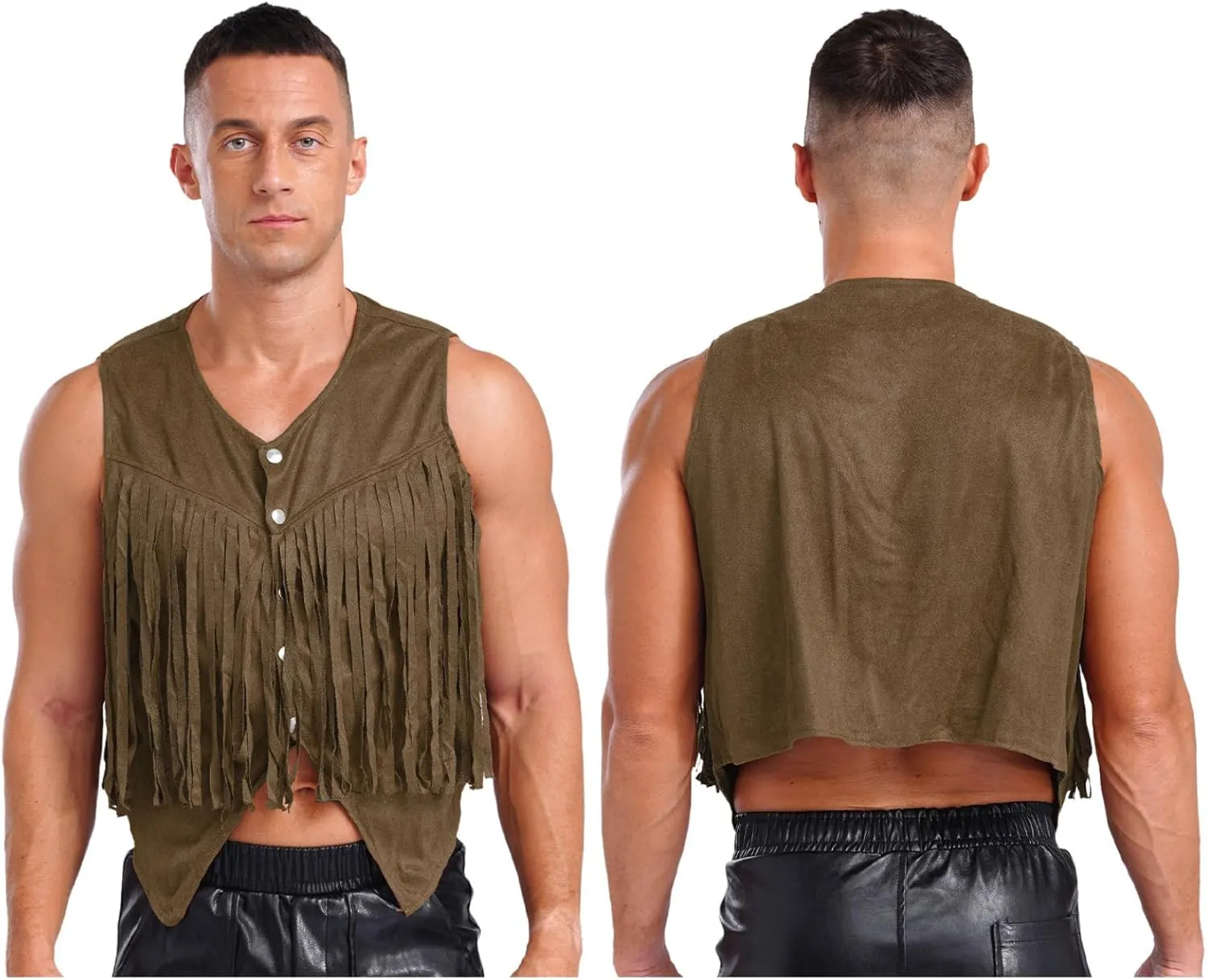 Men's Suede Leather Fringe Vest Vintage Cowboy Style Sleeveless Jacket Slim Fit Waistcoats