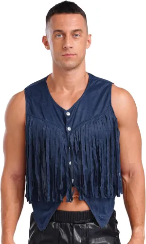 Men's Suede Leather Fringe Vest Vintage Cowboy Style Sleeveless Jacket Slim Fit Waistcoats