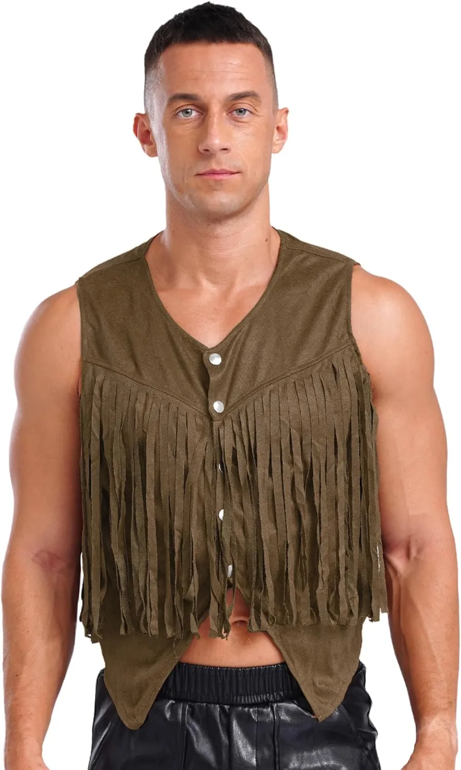 Men's Suede Leather Fringe Vest Vintage Cowboy Style Sleeveless Jacket Slim Fit Waistcoats