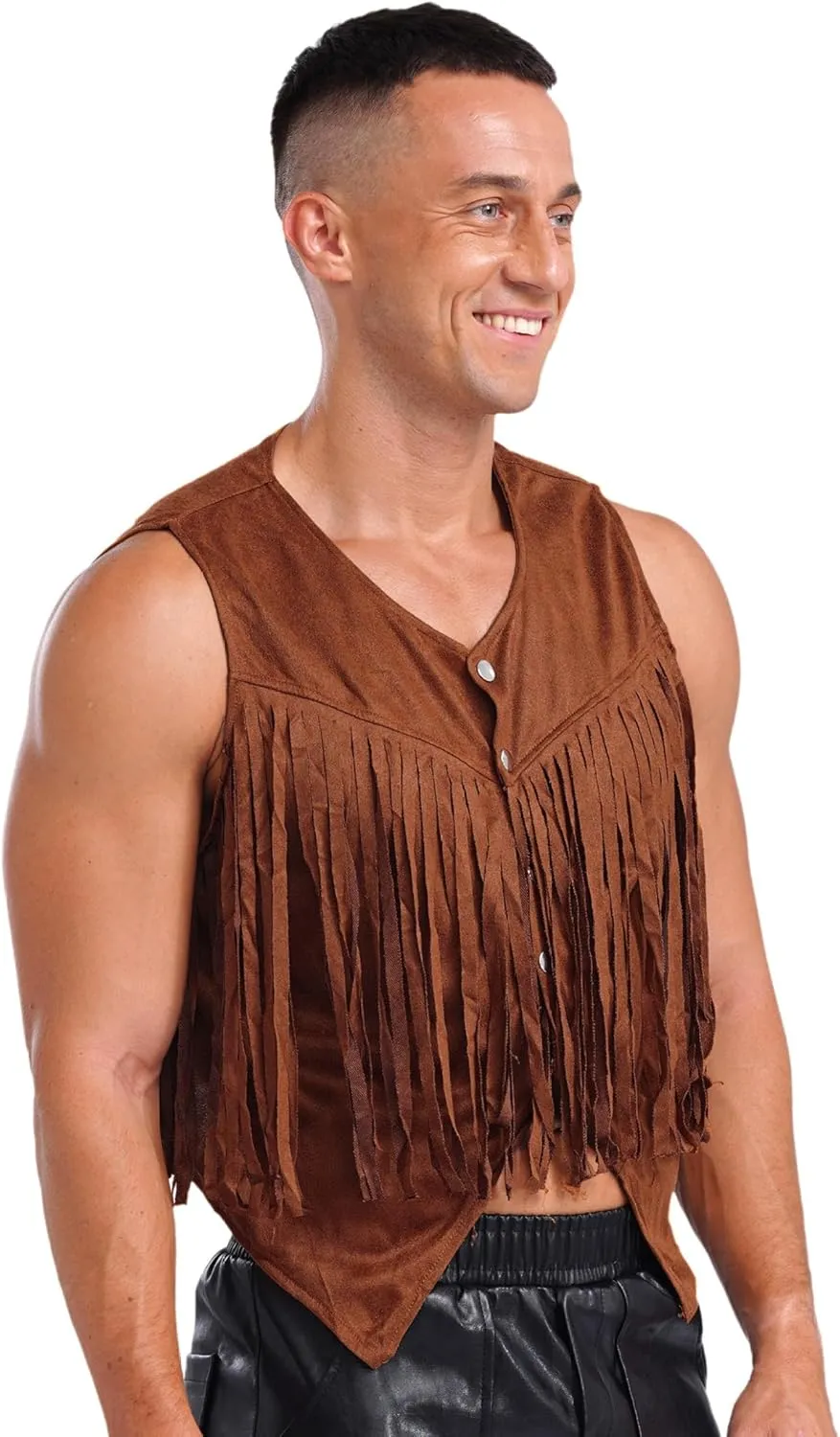 Men's Suede Leather Fringe Vest Vintage Cowboy Style Sleeveless Jacket Slim Fit Waistcoats