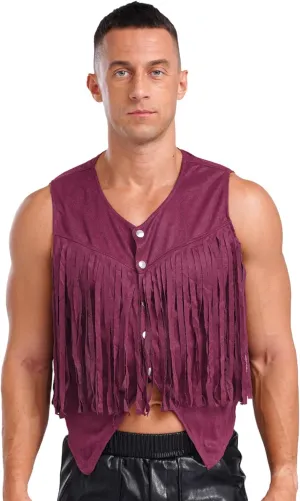 Men's Suede Leather Fringe Vest Vintage Cowboy Style Sleeveless Jacket Slim Fit Waistcoats