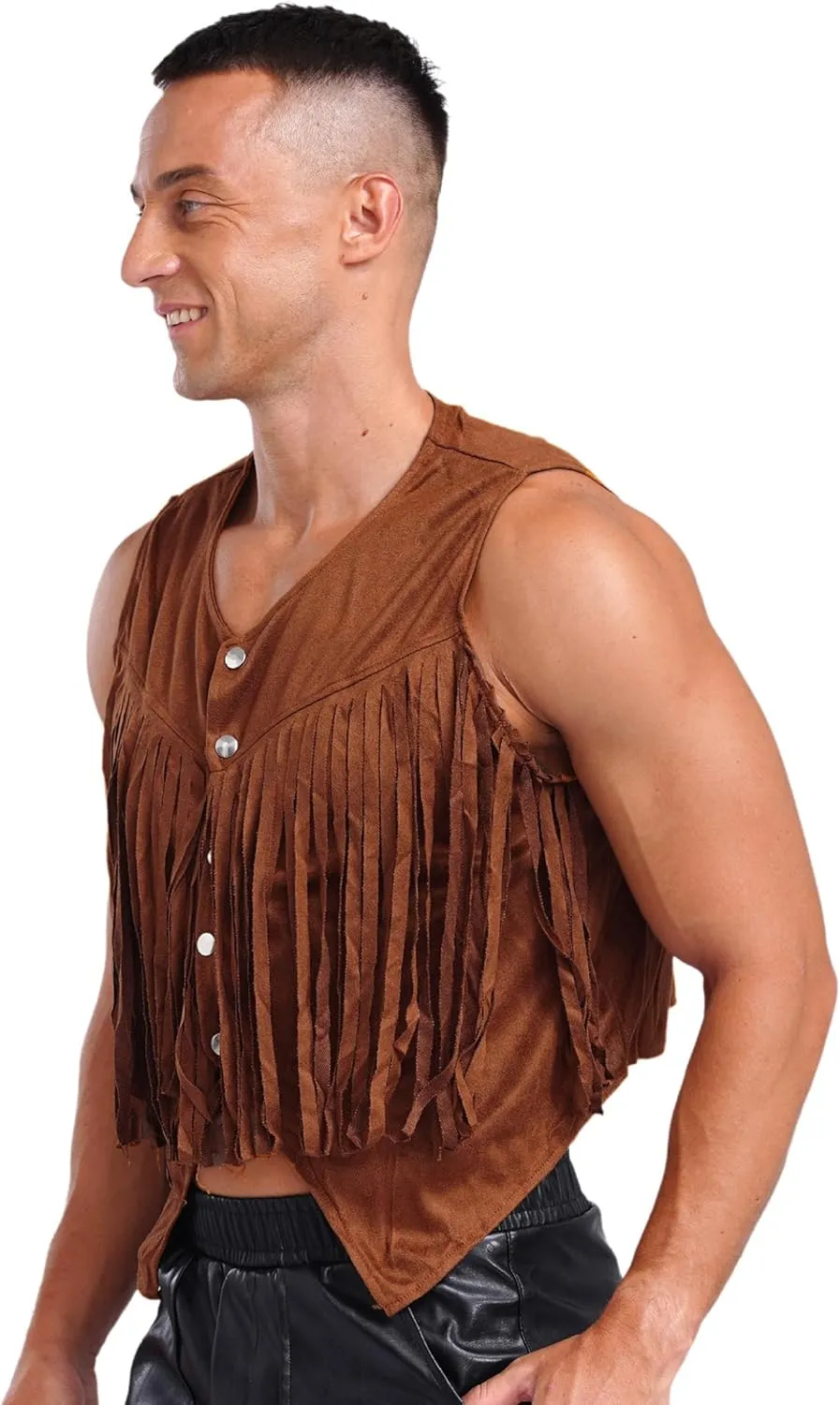 Men's Suede Leather Fringe Vest Vintage Cowboy Style Sleeveless Jacket Slim Fit Waistcoats