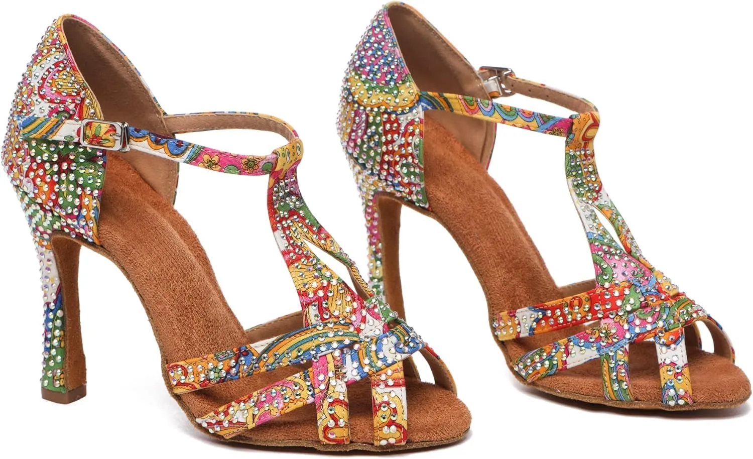 Minishion T-Strap Dance Shoes for Women Rhinestones Wedding Sandals