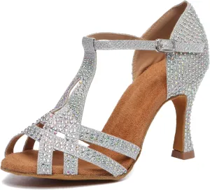 Minishion T-Strap Dance Shoes for Women Rhinestones Wedding Sandals
