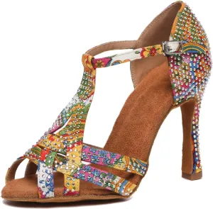 Minishion T-Strap Dance Shoes for Women Rhinestones Wedding Sandals