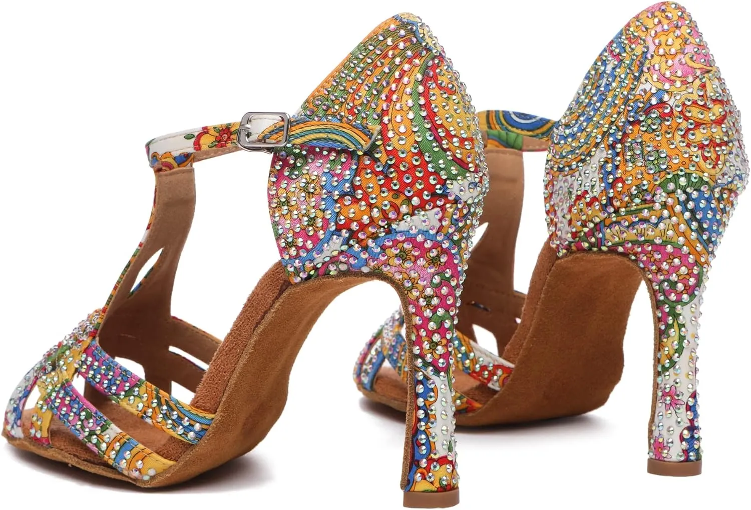 Minishion T-Strap Dance Shoes for Women Rhinestones Wedding Sandals