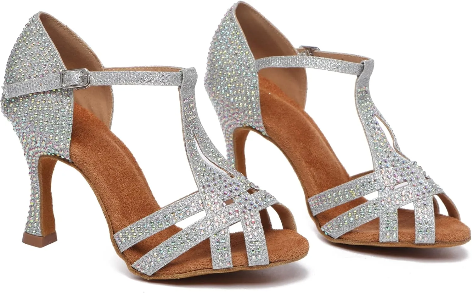 Minishion T-Strap Dance Shoes for Women Rhinestones Wedding Sandals