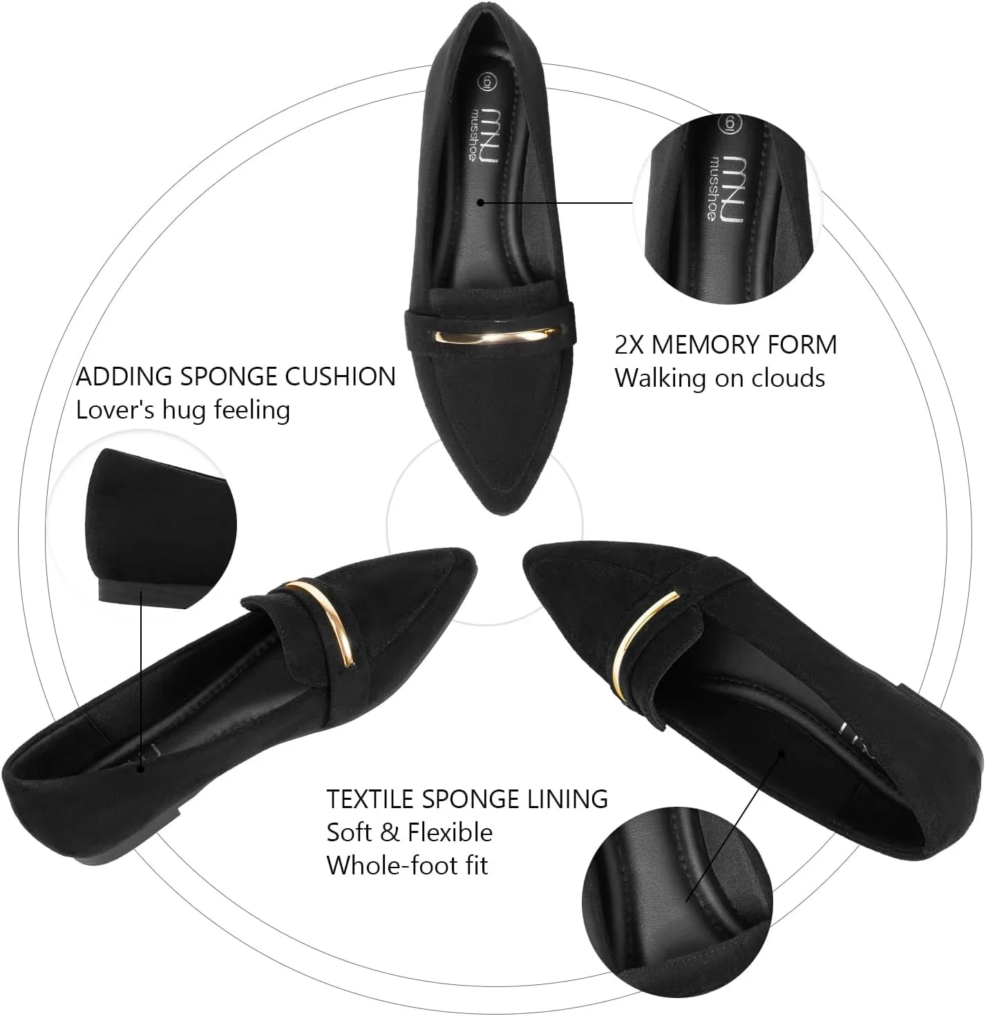 MUSSHOE Flats Shoes Women Pointed Toe Womens Flats Loafers